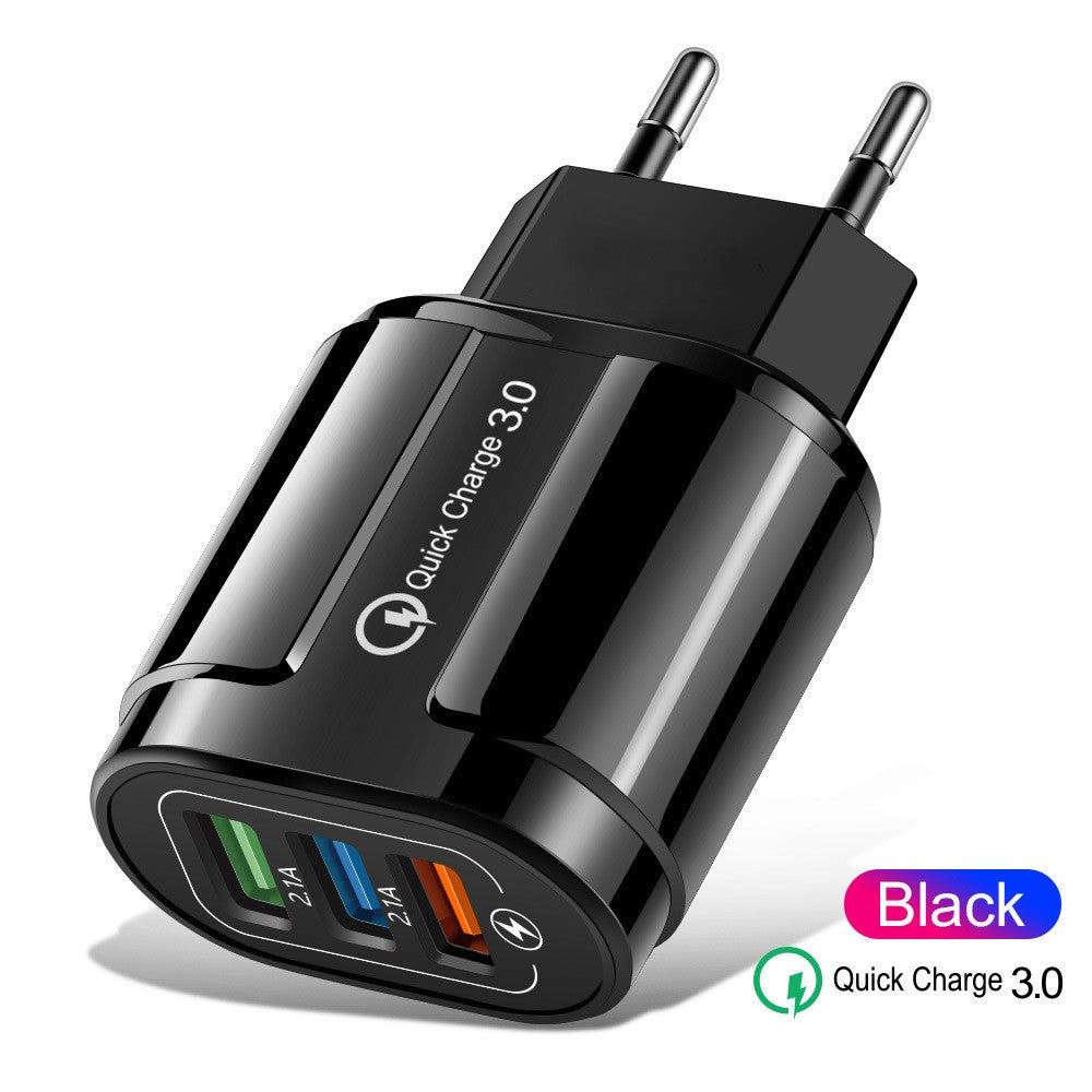 Încărcător Rapid QC 3.0, 3 Porturi USB, Adaptor Priză 18W, 2.1A, Protecție Supraîncălzire, Material ABS, Gama Macarons, Negru