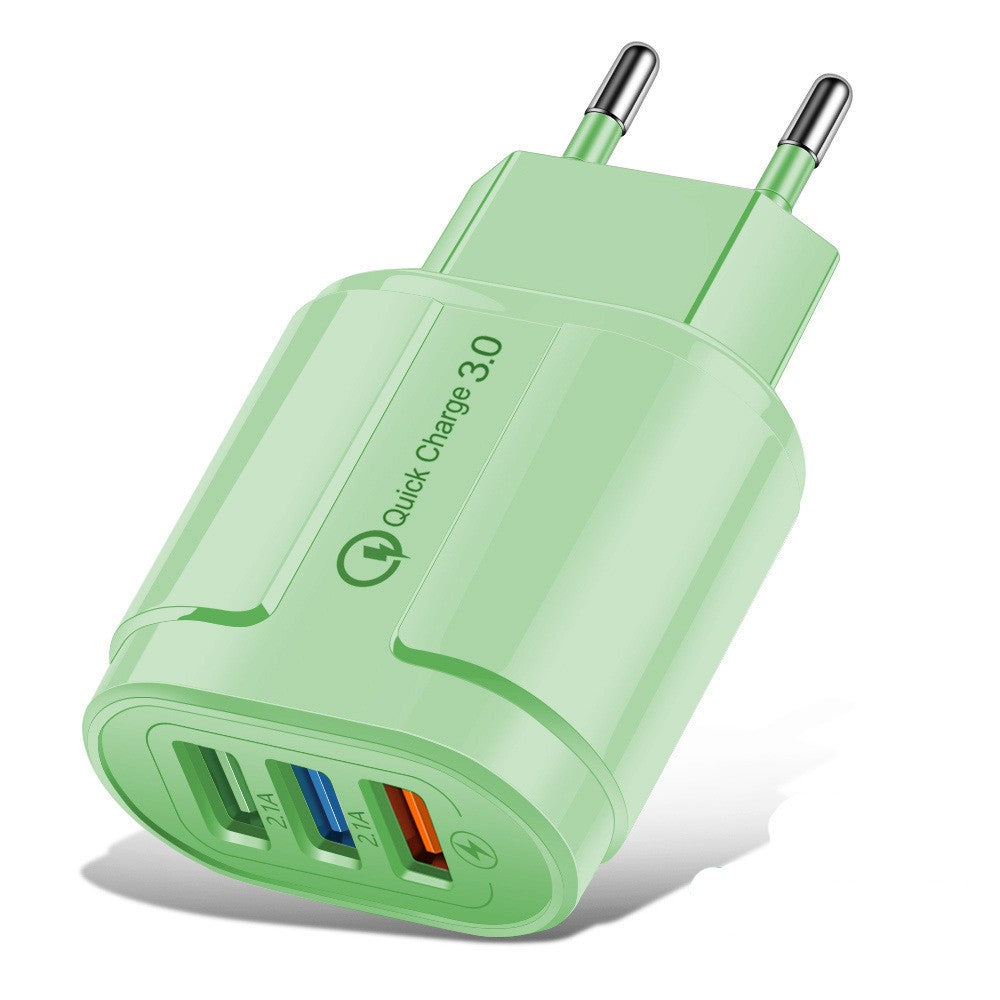 Încărcător Rapid QC 3.0, Adaptor Priză cu 3 Porturi USB, Putere 18W și 2.1A, Protecție Supraîncălzire, Material ABS, Gama Macarons, Verde