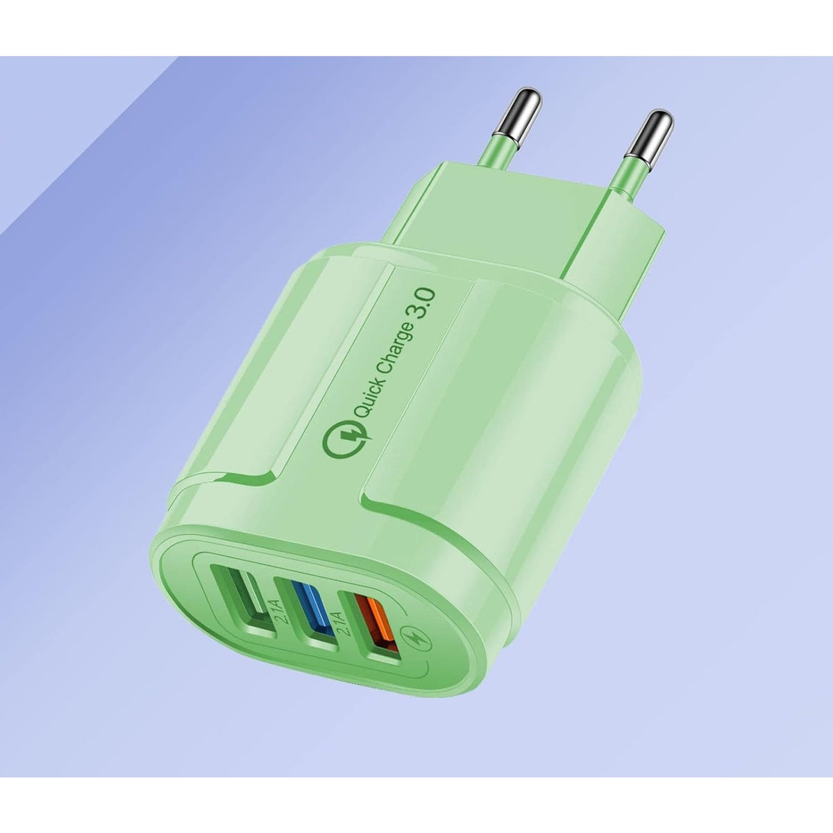 Încărcător Rapid QC 3.0, Adaptor Priză cu 3 Porturi USB, Putere 18W și 2.1A, Protecție Supraîncălzire, Material ABS, Gama Macarons, Verde