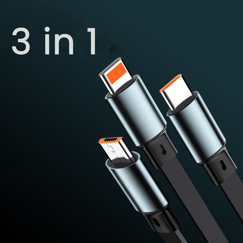 Cablu Incarcare Rapida 3 in 1 Retractabil, Putere 100W, Design Mecha, Conectori USB-C, Lightning si Micro-USB, Intrare USB-A, Universal Auto, Lungime 1.2M, Negru