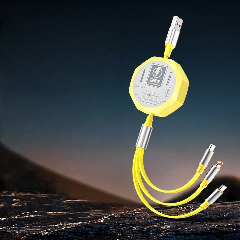 Cablu Retractabil 3 In 1, Incarcare Rapida 100W, Conectori USB-C, Lightning si Micro USB, Design Mecha Auto, 1.2M, Galben