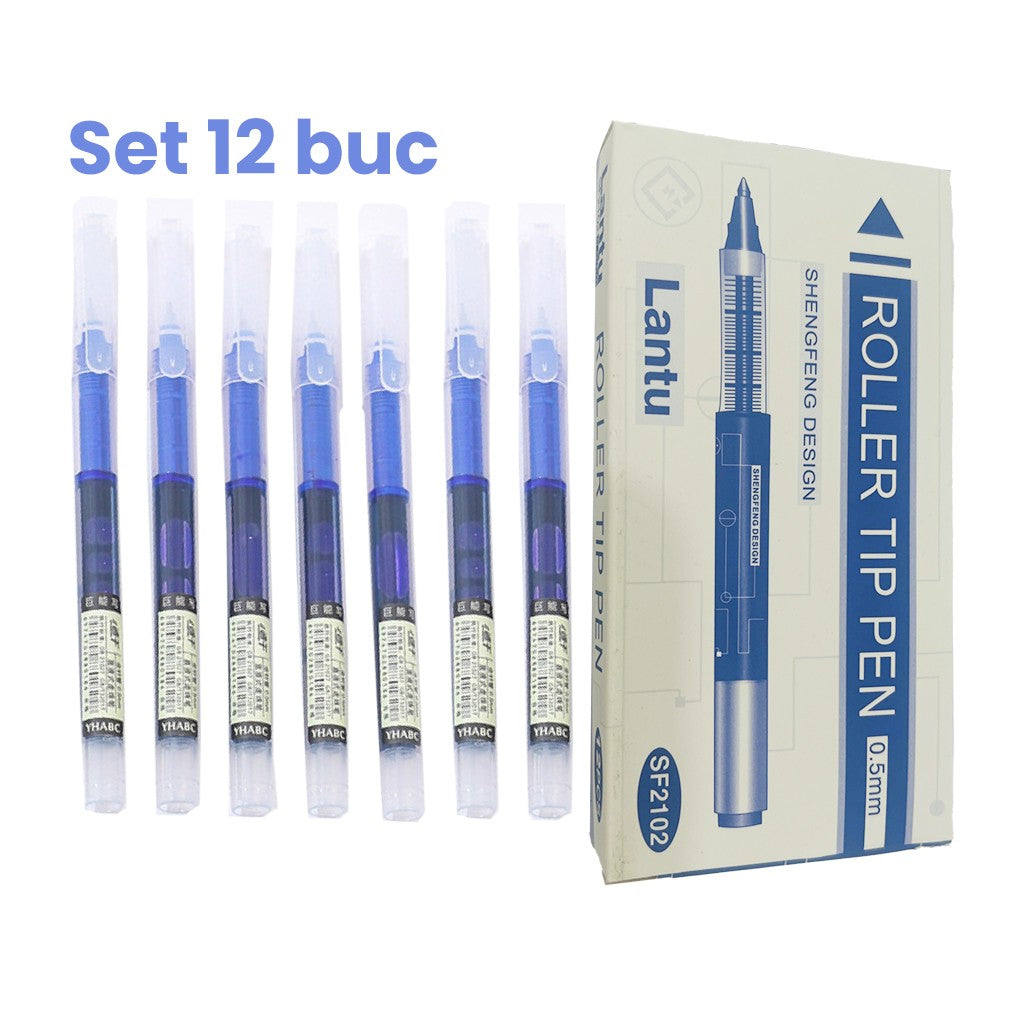 Set Pixuri Profesionale cu Bila, Cerneala pe Baza de Apa, Varf Subtire 0.5 mm, Design Ergonomic, Pentru Scoala si Birou, 12 Bucati, Albastru