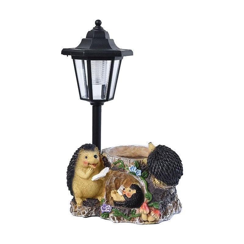 Lampa Solara Decorativa pentru Gradina, Figurina 3 Arici cu Suport pentru Plante, Lumina LED Calda, Rasina Rezistenta la Exterior, 33 x 22 x 15.5 cm, Negru