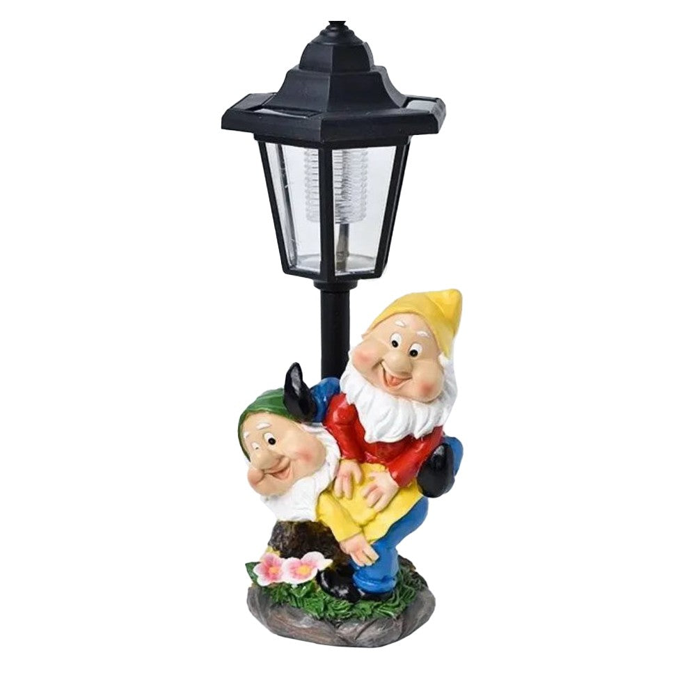 Lampa Solara Decorativa pentru Gradina, Figurina 2 Spiridusi cu Suport pentru Ghiveci, Lumina LED Alba Calda, Rasina Rezistenta la Exterior, 31.5 x 12 x 13 cm, Negru