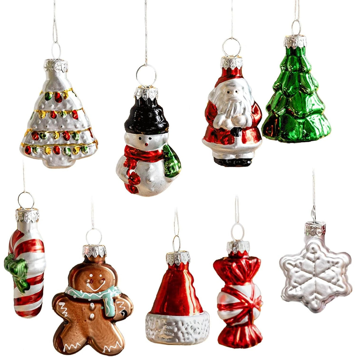 Set 9 Decoratiuni de Craciun pentru Brad, Pandantive Figurine Festive, Sticla, Multicolor, 5 cm