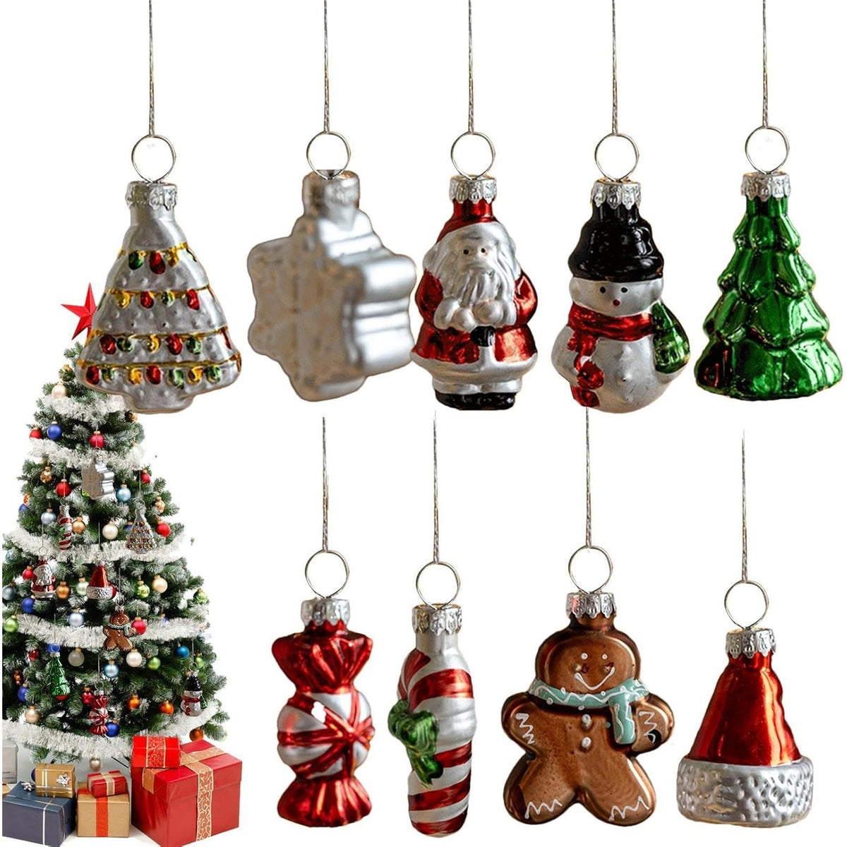 Set 9 Decoratiuni de Craciun pentru Brad, Pandantive Figurine Festive, Sticla, Multicolor, 5 cm