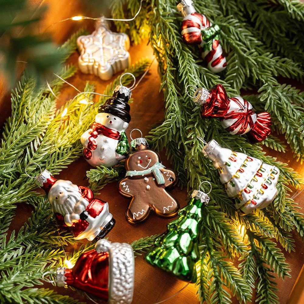 Set 9 Decoratiuni de Craciun pentru Brad, Pandantive Figurine Festive, Sticla, Multicolor, 5 cm