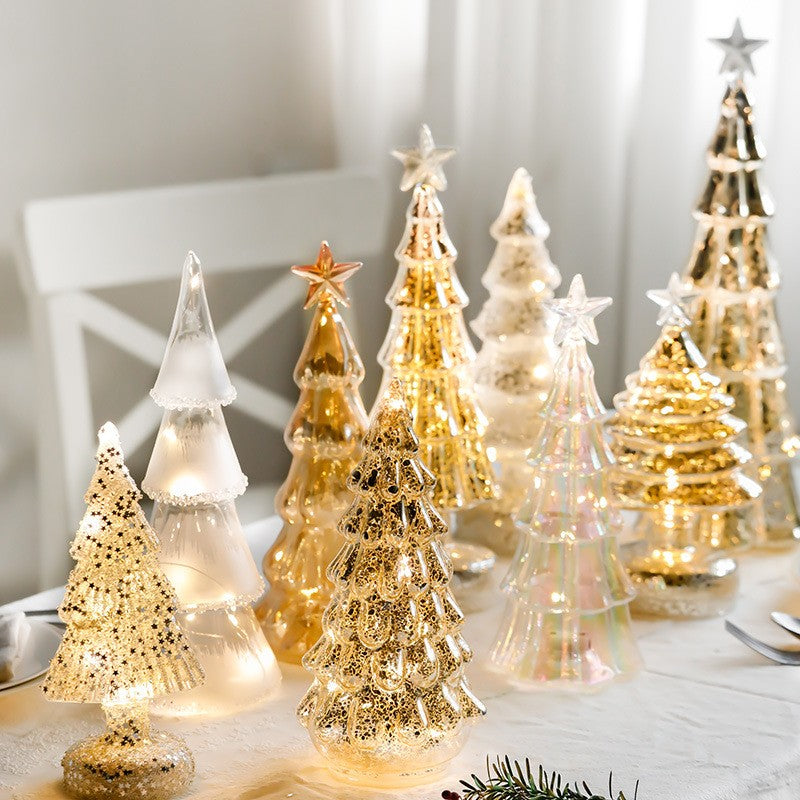 Brad de Craciun Decorativ cu Lumini LED, Ornament Luminos din Sticla cu Stea, Alimentare 3 Baterii AA, Auriu, 31.5 x 9 cm