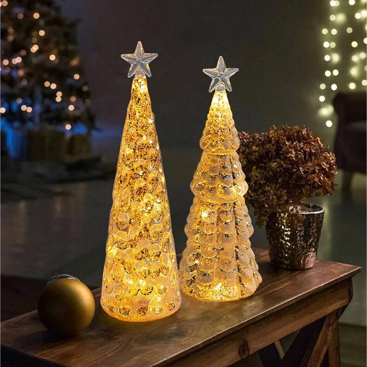 Decorațiune de Crăciun, Brad Luminos cu Stea și LED, Sticlă, Alimentare 3 Baterii AA, 24 x 8 cm, Auriu