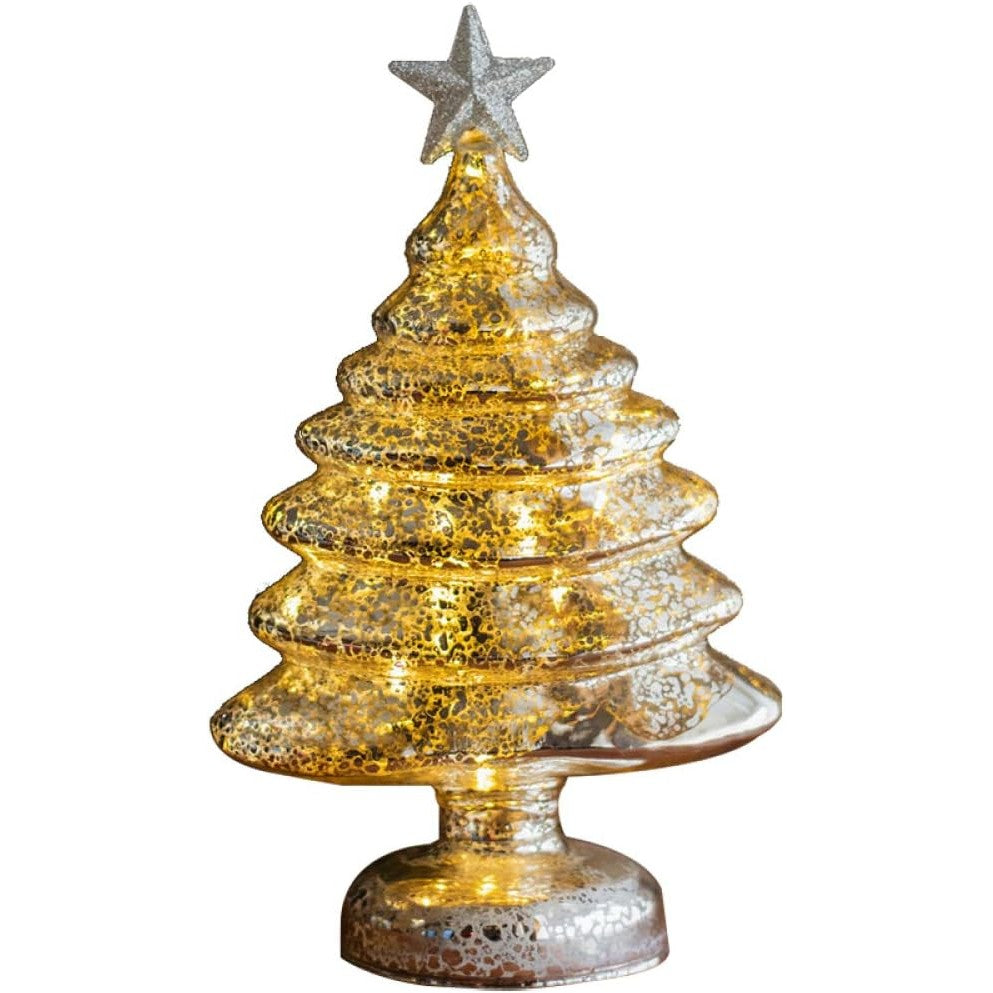Decoratiune de Craciun Luminoasa, Brad cu Stea si LED, Sticla, Alimentare 3 Baterii AA, 22 x 9 cm, Auriu