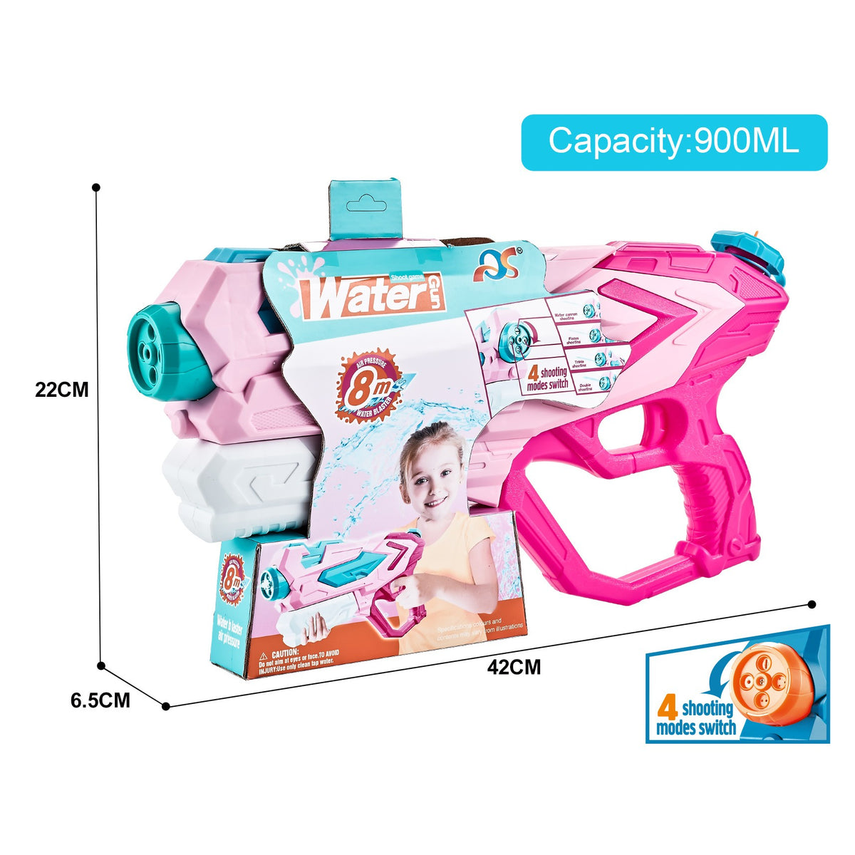 Pistol cu Apa pentru Copii, Rezervor Mare 900 ml, 4 Duze Comutabile, Raza 8 m, Plastic Rezistent, Roz, Varsta 6 Ani+