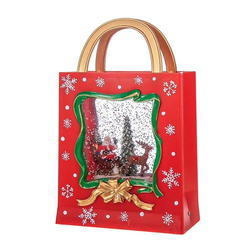 Decoratiune De Craciun Tip Sacosa Cadou, Glob Cu Zapada Mos Craciun Si Ren, Iluminare LED Si Sclipici, Plastic Si Sticla, 23 x 15 x 7.3 cm, Rosu