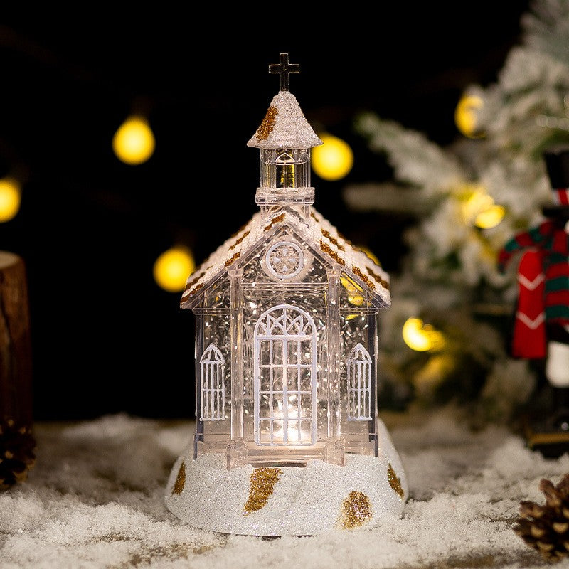 Decoratiune de Craciun Tip Biserica, Iluminare LED cu Efect Zapada si Sclipici Auriu, Material Transparent cu Detalii Vitralii, 22 x 13 x 11.5 cm, Alb Transparent