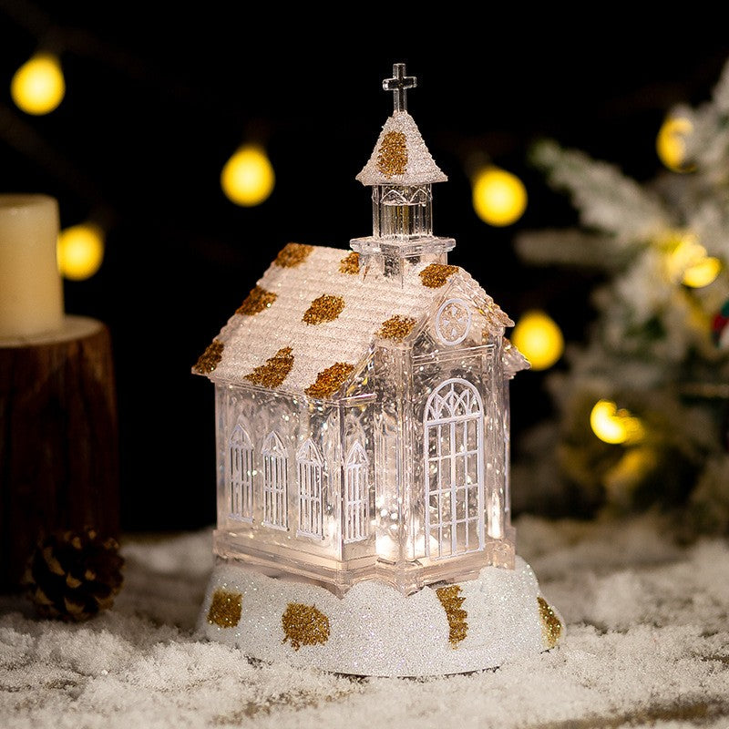Decoratiune de Craciun Tip Biserica, Iluminare LED cu Efect Zapada si Sclipici Auriu, Material Transparent cu Detalii Vitralii, 22 x 13 x 11.5 cm, Alb Transparent