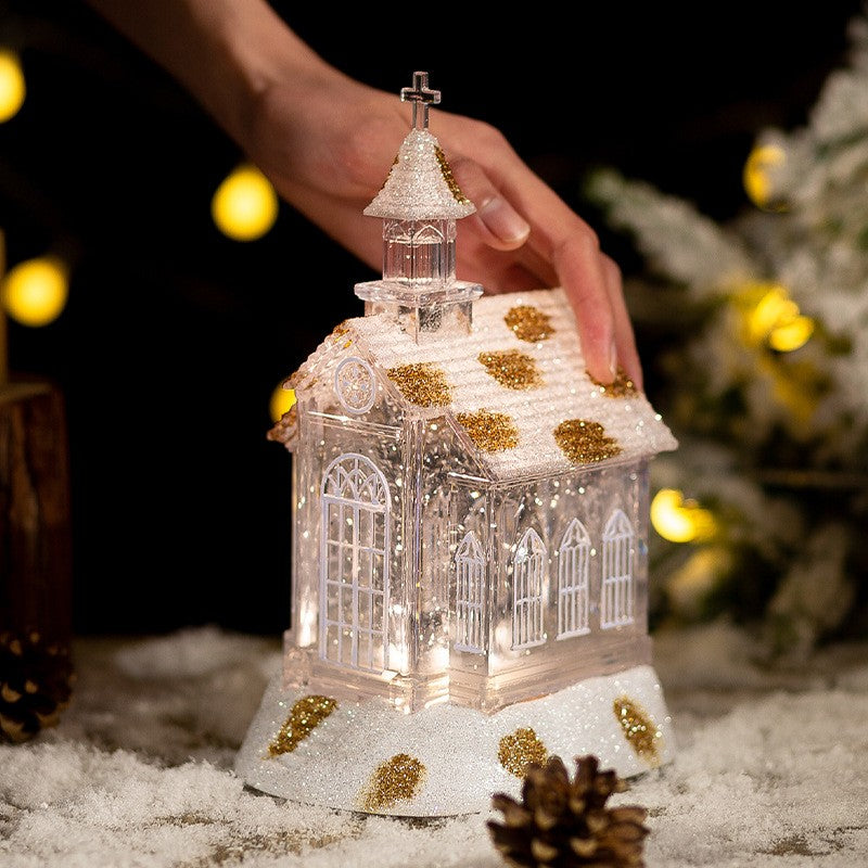 Decoratiune de Craciun Tip Biserica, Iluminare LED cu Efect Zapada si Sclipici Auriu, Material Transparent cu Detalii Vitralii, 22 x 13 x 11.5 cm, Alb Transparent