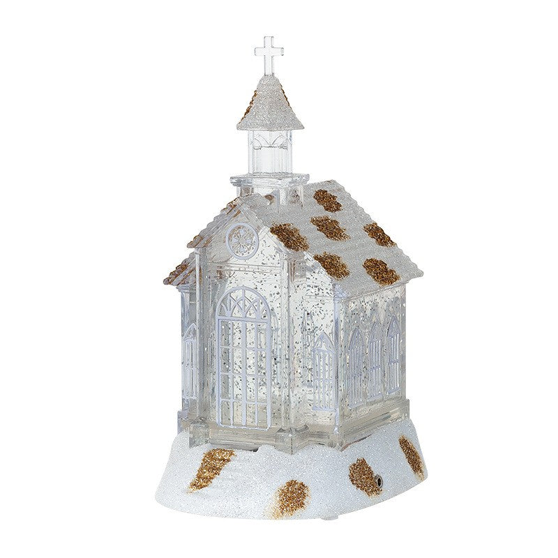 Decoratiune de Craciun Tip Biserica, Iluminare LED cu Efect Zapada si Sclipici Auriu, Material Transparent cu Detalii Vitralii, 22 x 13 x 11.5 cm, Alb Transparent