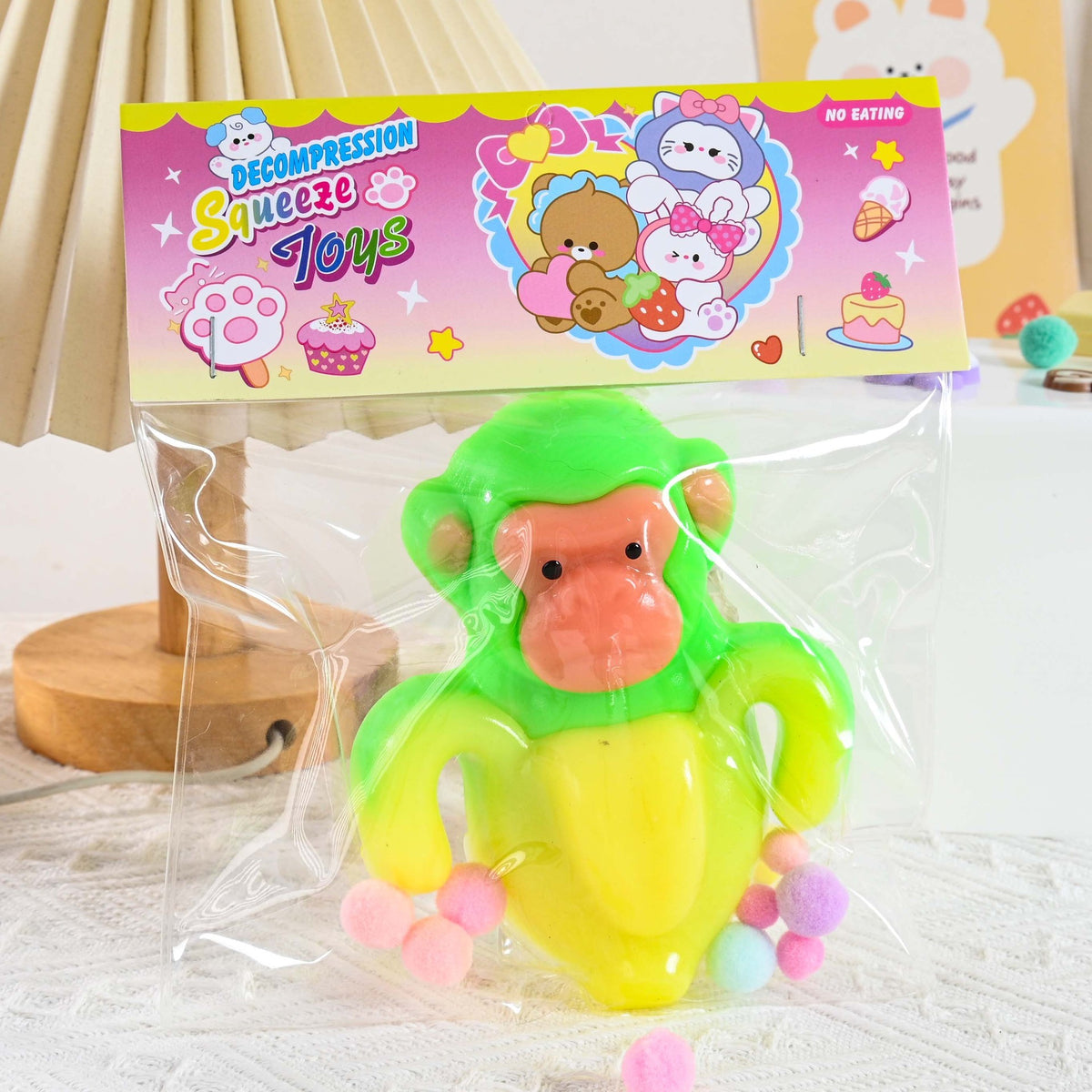 Jucarie Antistres Squishy Squeeze Toys, Model Banana Monkey cu Revenire Lenta, Material TPR Flexibil, 12 x 11 cm, 140 g, Galben/Verde