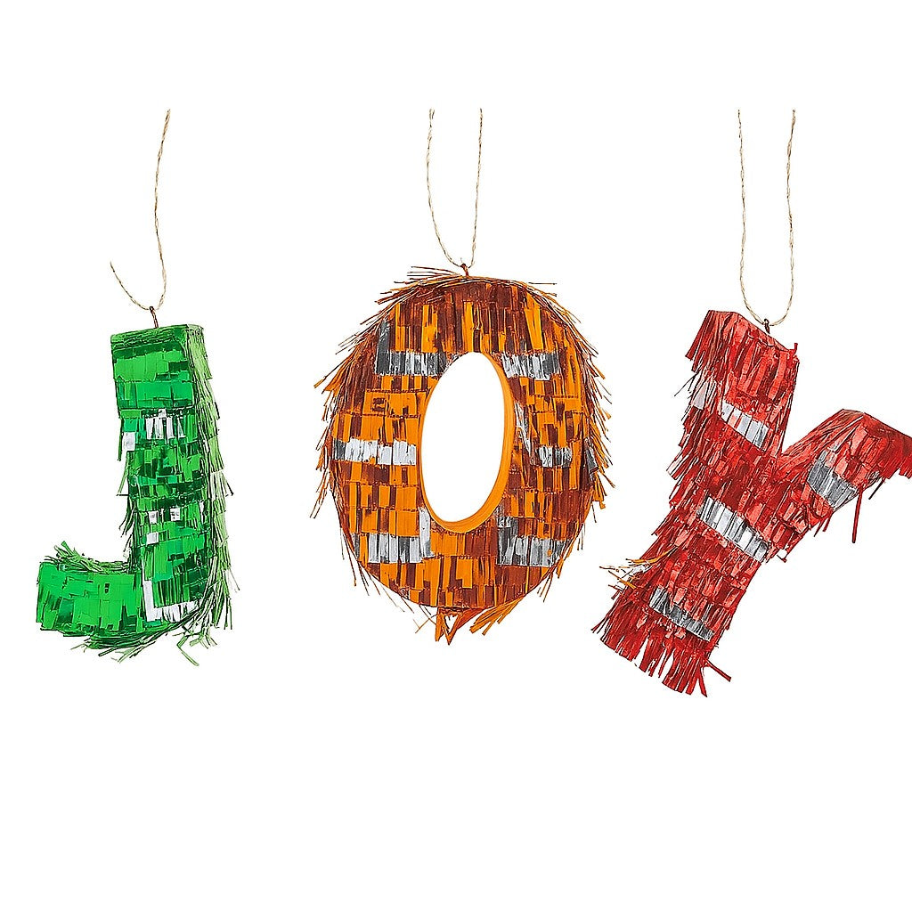 Set 3 Mini Piniate Litere JOY, Decoratiuni Suspendate pentru Craciun si Petreceri, Carton si Hartie Creponata, 40 x 27 x 8 cm, Verde, Portocaliu, Rosu