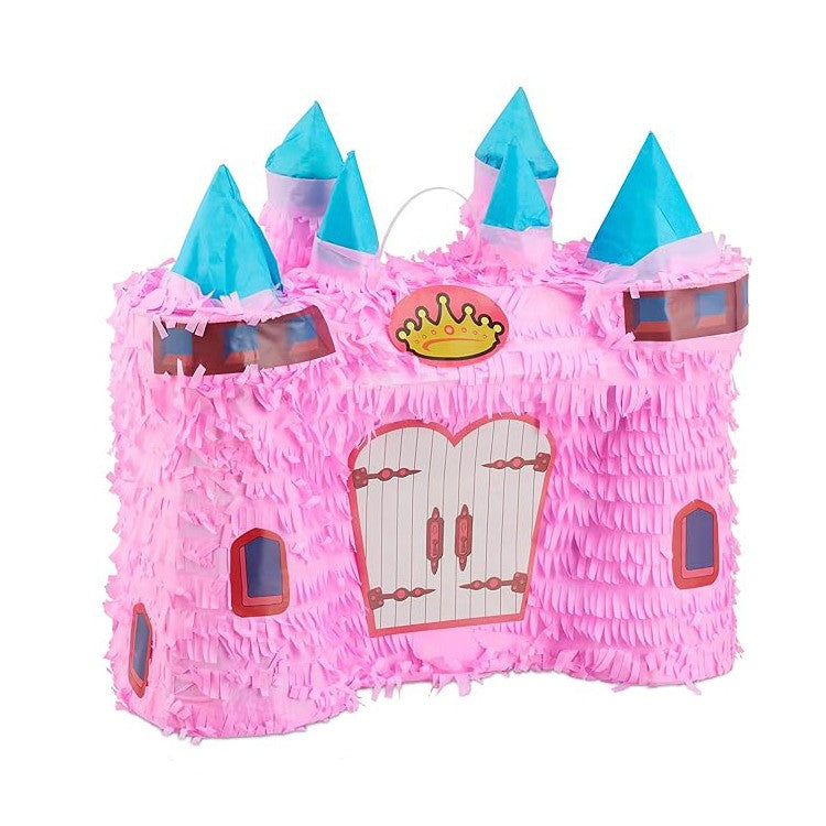 Pinata Castel Printesa pentru Petrecere Copii, Model Castel de Basm cu Hartie Creponata, Carton, 40 x 37 x 15 cm, Roz deschis/Turcoaz