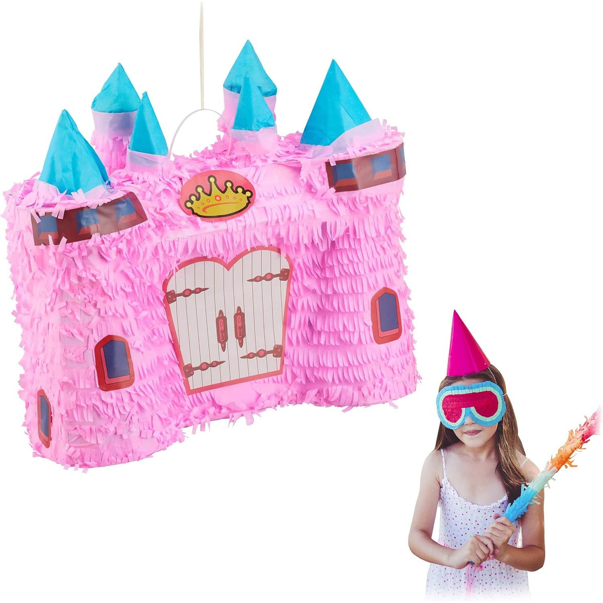 Pinata Castel Printesa pentru Petrecere Copii, Model Castel de Basm cu Hartie Creponata, Carton, 40 x 37 x 15 cm, Roz deschis/Turcoaz