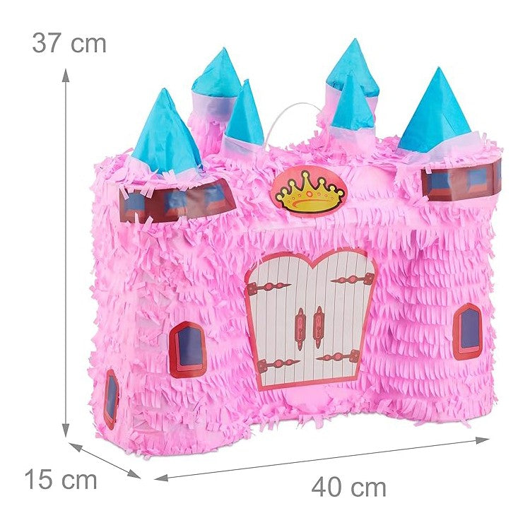 Pinata Castel Printesa pentru Petrecere Copii, Model Castel de Basm cu Hartie Creponata, Carton, 40 x 37 x 15 cm, Roz deschis/Turcoaz