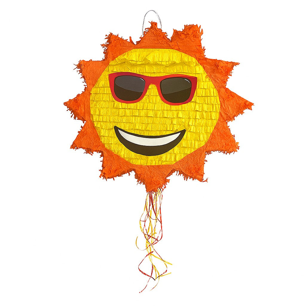 Pinata Petrecere Model Soare cu Ochelari, Decor Aniversare Tematica Vara, Carton si Hartie Creponata, 40 x 40 x 7 cm, Galben/Rosu