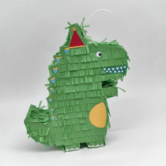 Pinata Dinozaur pentru Petrecere Copii, Detalii Argintii si Palarie, Carton si Hartie Creponata, 25 x 7 x 27 cm, Verde