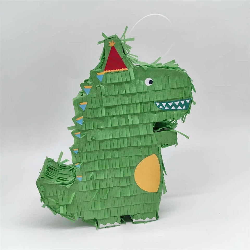Pinata Dinozaur pentru Petrecere Copii, Detalii Argintii si Palarie, Carton si Hartie Creponata, 25 x 7 x 27 cm, Verde