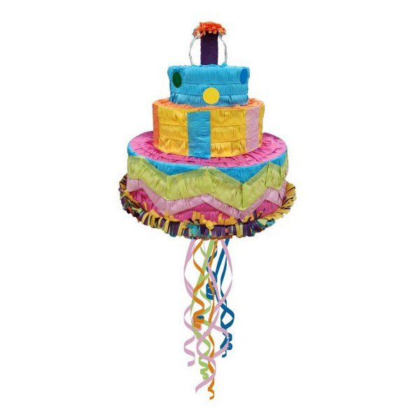 Pinata Petrecere Model Tort Aniversar cu 3 Etaje, Accesorii Aniversari Copii, Hartie Creponata si Carton, 32 x 28 x 28 cm, Multicolor