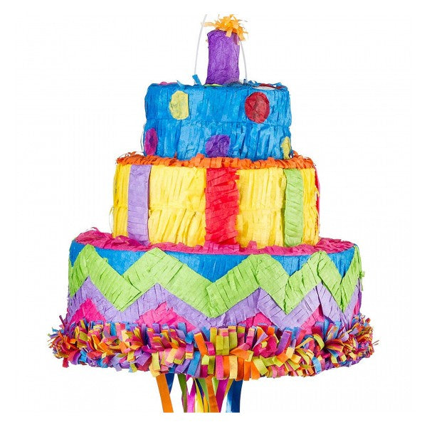 Pinata Petrecere Model Tort Aniversar cu 3 Etaje, Accesorii Aniversari Copii, Hartie Creponata si Carton, 32 x 28 x 28 cm, Multicolor