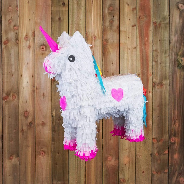 Pinata Unicorn Pentru Petreceri Copii, Forma Figurina Cu Inel De Agatare, Carton Si Hartie Creponata, 50 x 35 x 10 cm, Alb