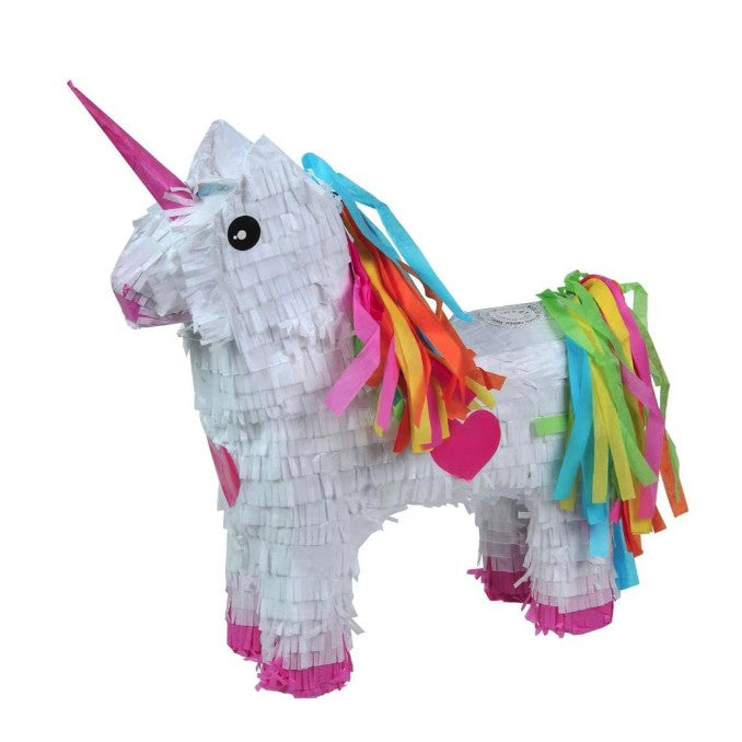 Pinata Unicorn Pentru Petreceri Copii, Forma Figurina Cu Inel De Agatare, Carton Si Hartie Creponata, 50 x 35 x 10 cm, Alb