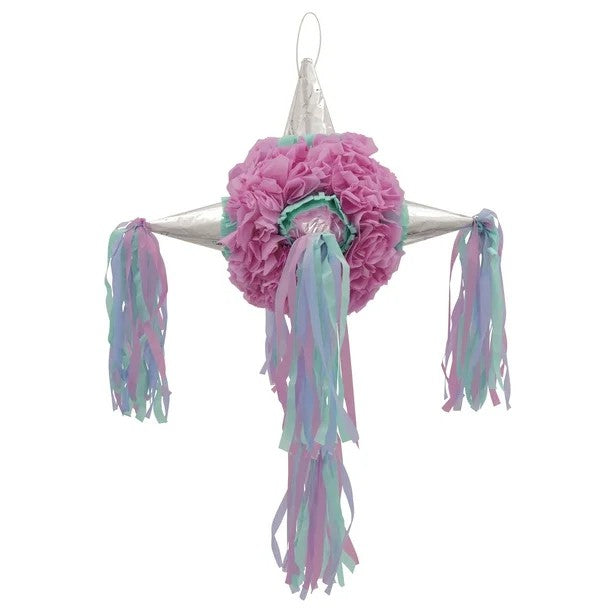 Pinata pentru Copii in Forma de Stea cu 5 Brate, Detalii Argintii si Ciucuri, Carton si Hartie Creponata, 76 x 50 cm, Multicolor Roz Albastru Mov