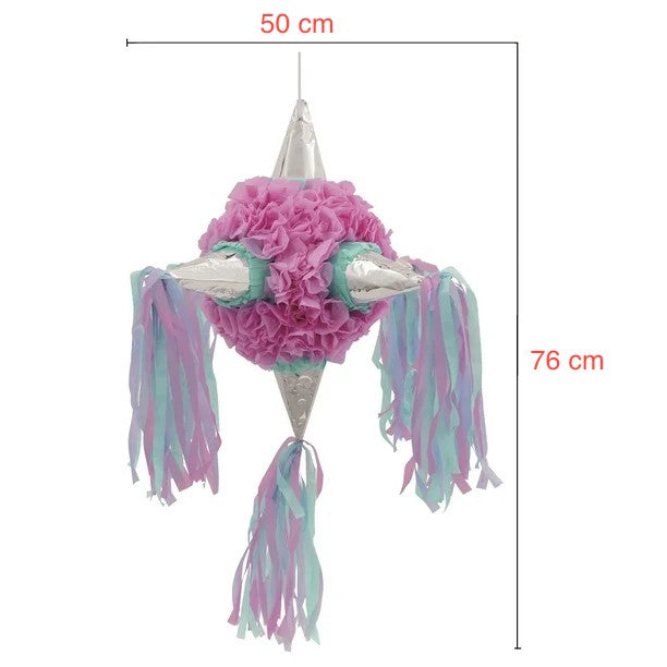 Pinata pentru Copii in Forma de Stea cu 5 Brate, Detalii Argintii si Ciucuri, Carton si Hartie Creponata, 76 x 50 cm, Multicolor Roz Albastru Mov