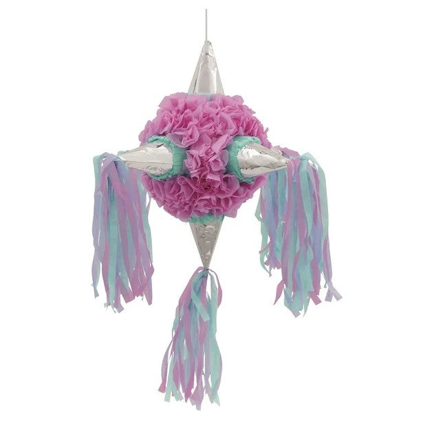 Pinata pentru Copii in Forma de Stea cu 5 Brate, Detalii Argintii si Ciucuri, Carton si Hartie Creponata, 76 x 50 cm, Multicolor Roz Albastru Mov