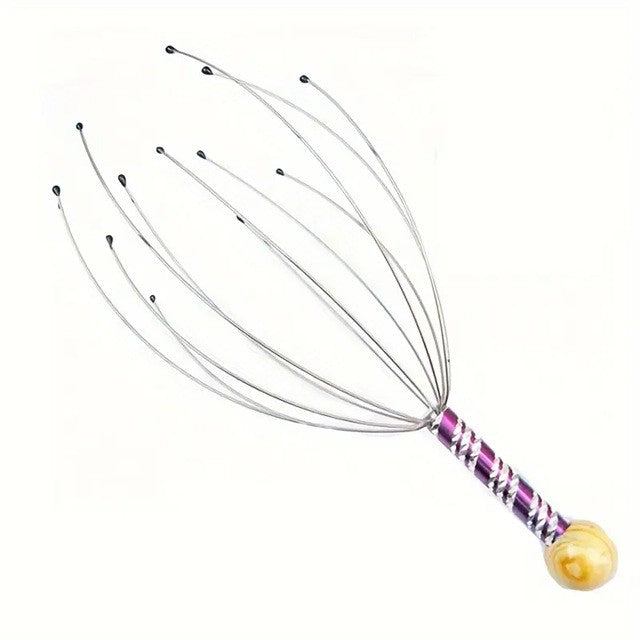 Dispozitiv Masaj Capilar Tip Caracatita, Aparat Stimulare Circulatie Sanguina si Scalp, 12 Brate Flexibile, Otel Inoxidabil si Maner Lemn, 22 cm, Multicolor