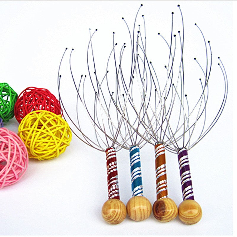 Dispozitiv Masaj Capilar Tip Caracatita, Aparat Stimulare Circulatie Sanguina si Scalp, 12 Brate Flexibile, Otel Inoxidabil si Maner Lemn, 22 cm, Multicolor