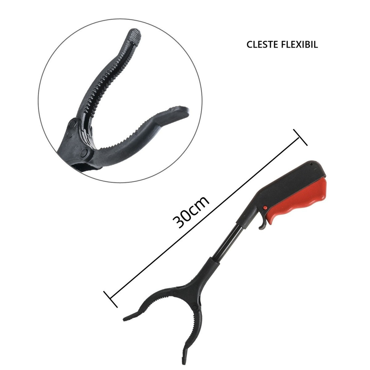 Cleste pentru Colectarea Deseurilor, Maner Antialunecare si Tija Fixa, Metal si Plastic, 30 cm, Negru/Rosu