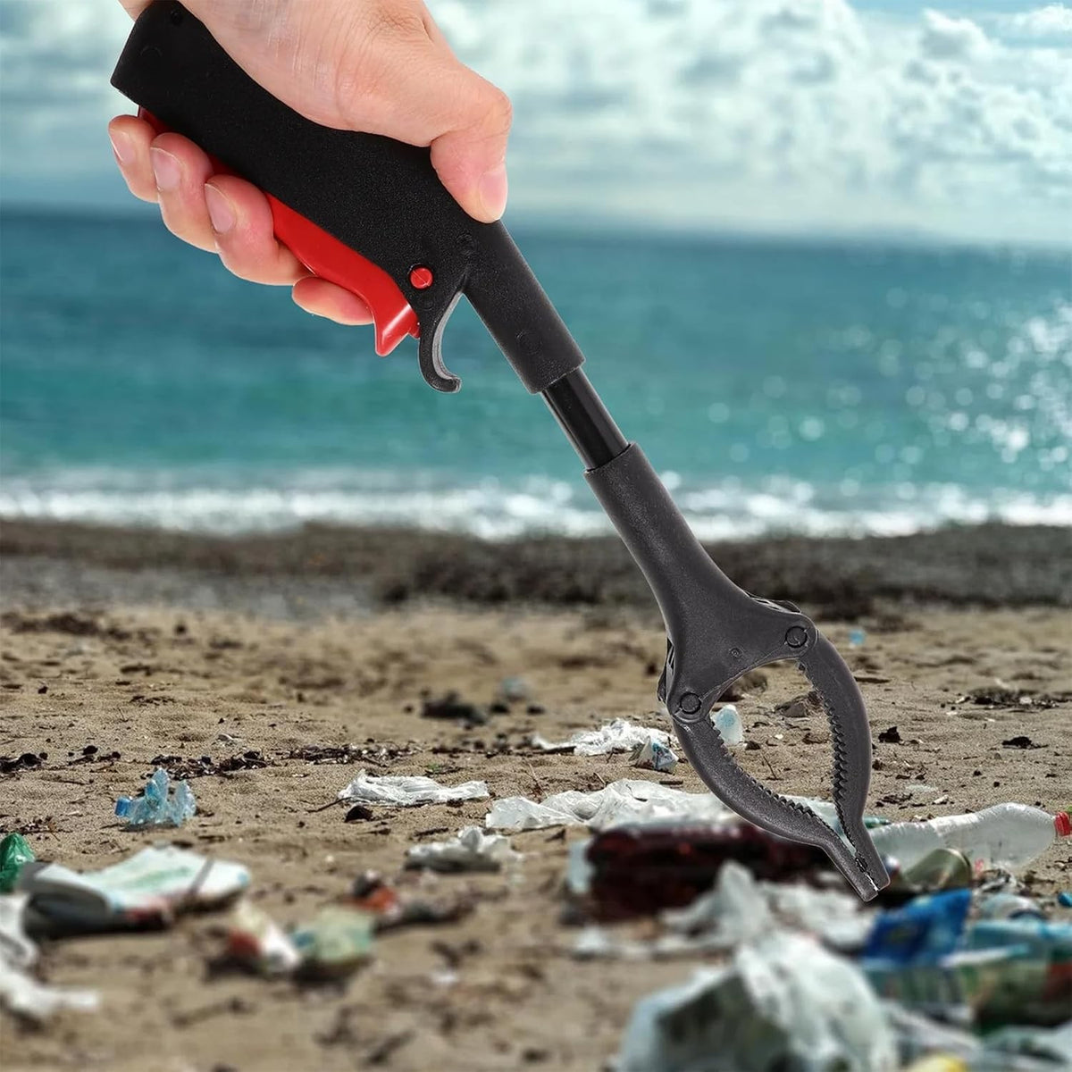 Cleste pentru Colectarea Deseurilor, Maner Antialunecare si Tija Fixa, Metal si Plastic, 30 cm, Negru/Rosu