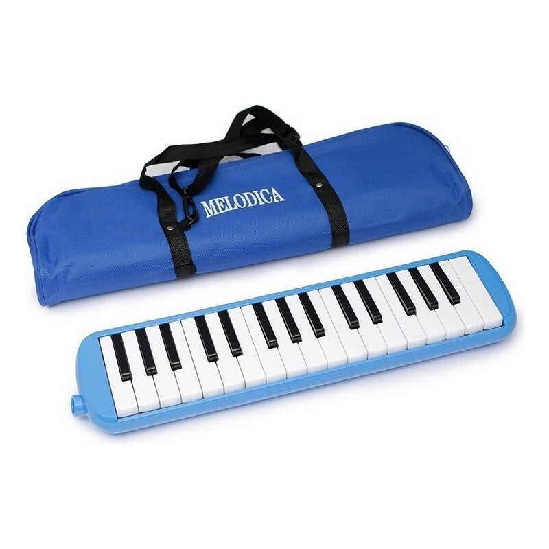 Muzicuta Melodica cu 32 Clape pentru Incepatori si Copii, Clape Imprimate cu Note, Corp din ABS Ecologic, Include Husa de Transport si Suflator, 45 x 13 x 7 cm, Albastru