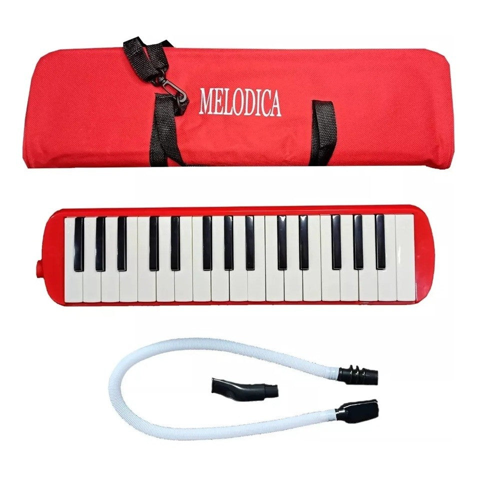 Muzicuta Melodica cu 32 Clape Imprimate, Instrument Muzical Educativ pentru Incepatori, Material ABS, Include Husa si Suflator, 45 x 13 x 7 cm, Rosu