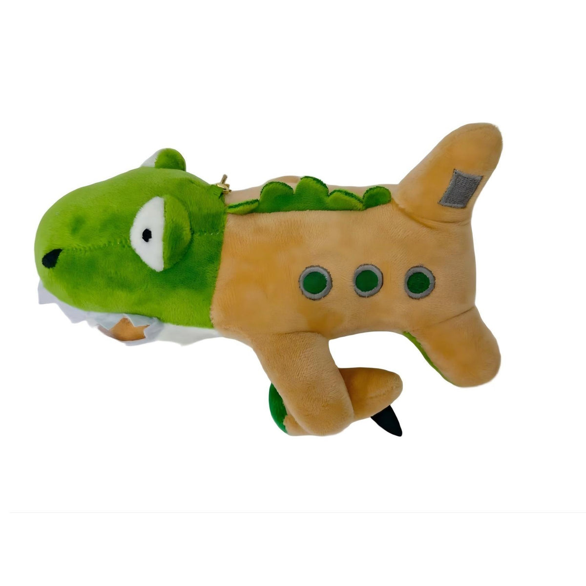 Jucarie de Plus Tip Breloc, Model Crocodilul Avion Bombardiro Crocodilo, Colectia Italian Brainrot, Carabina Metalica, 17 x 8 cm, Verde Maro
