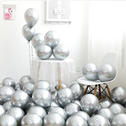 Set 12 Baloane Latex Chrome, Efect Metalizat Oglindă, Decor Petreceri, Compatibile Aer sau Heliu, Argintiu, 25 cm