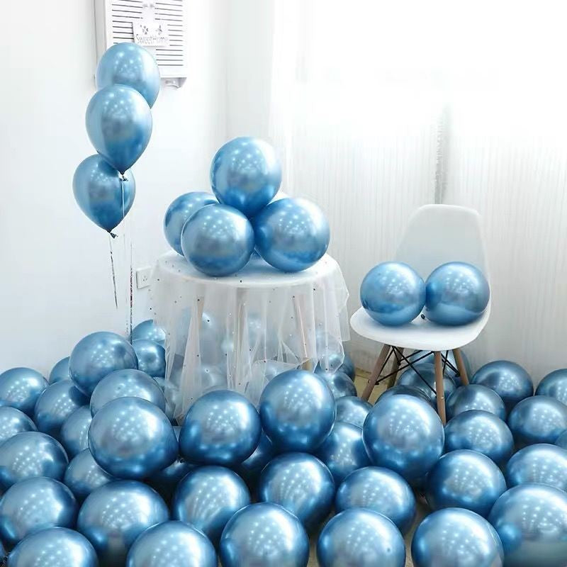 Set 12 Baloane din Latex Chrome, Aspect Metalizat Lucios, Compatibile Aer sau Heliu, 25 cm, Albastru Deschis