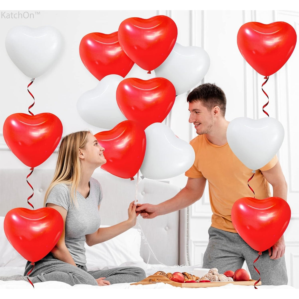 Set 10 Baloane Inima, Decoratiuni Petrecere Valentine's Day si Nunta, Latex Rezistent, Alb si Rosu, 25 cm