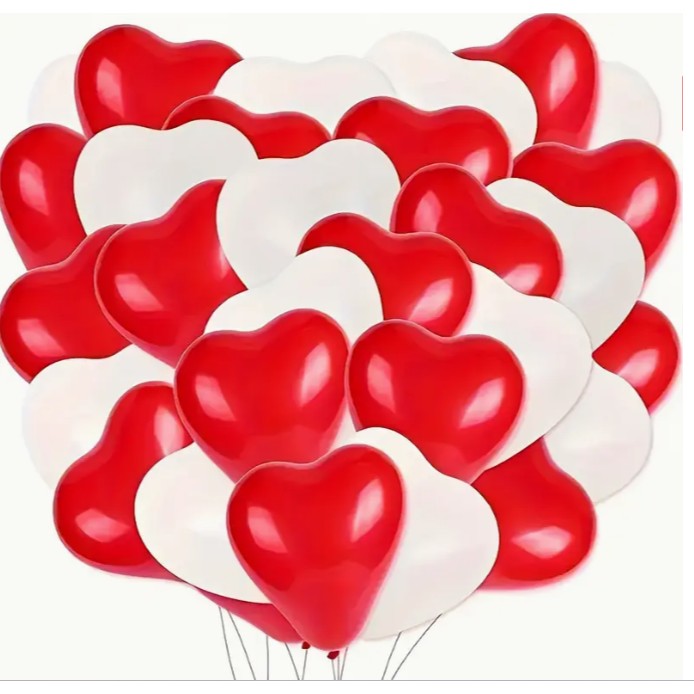 Set 10 Baloane Inima, Decoratiuni Petrecere Valentine's Day si Nunta, Latex Rezistent, Alb si Rosu, 25 cm