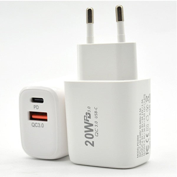 Incarcator Retea Fast Charging, Dual Port USB-C Power Delivery 20W si USB-A Quick Charge 3.0, Adaptor Priza Standard European, Alb