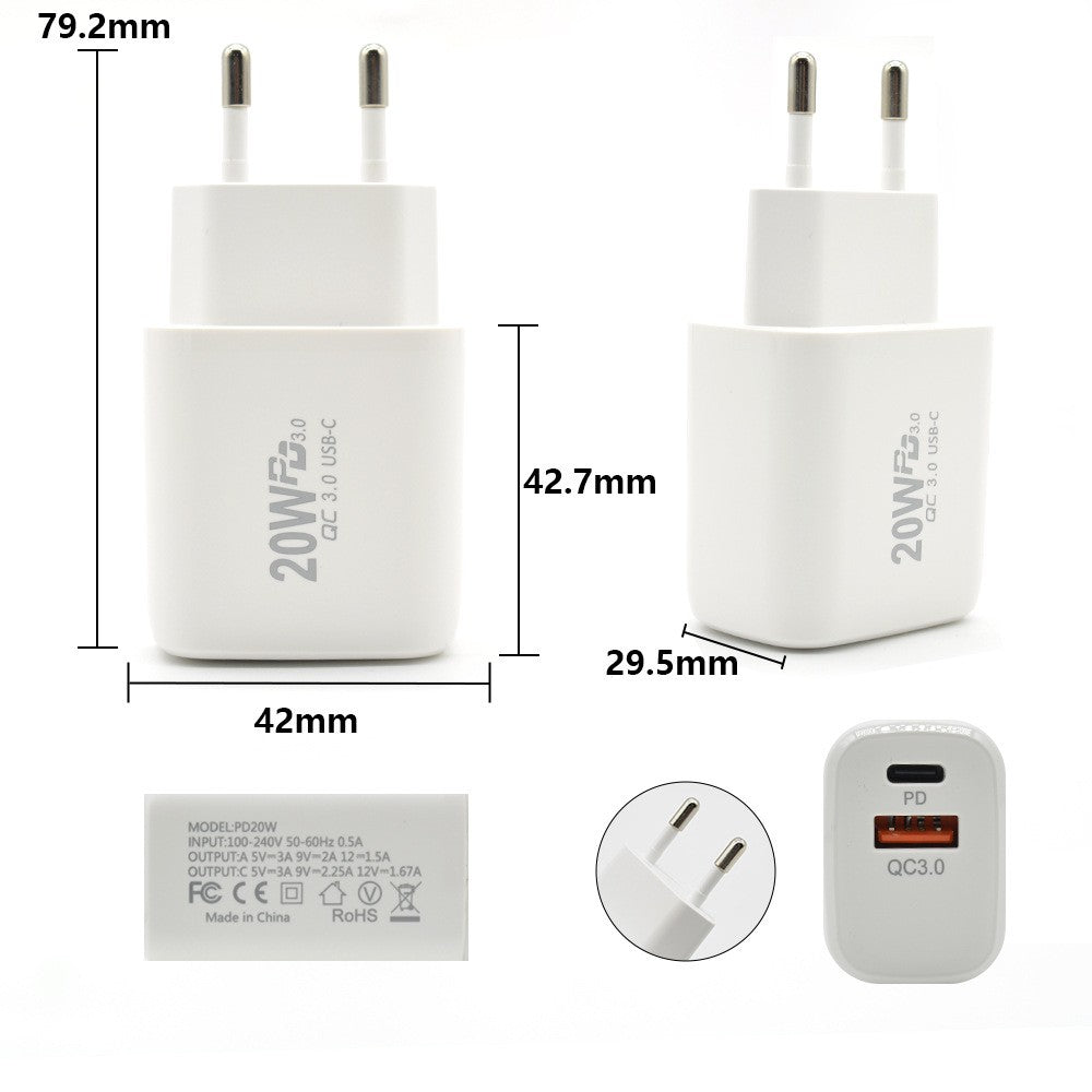 Incarcator Retea Fast Charging, Dual Port USB-C Power Delivery 20W si USB-A Quick Charge 3.0, Adaptor Priza Standard European, Alb