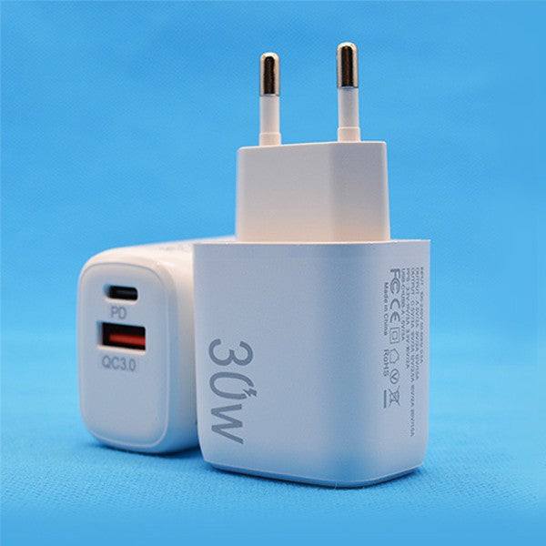 Incarcator Retea Fast Charging, Dual Port USB-C PD si USB-A Quick Charge 3.0, Putere 30W, Priza Standard European, Alb