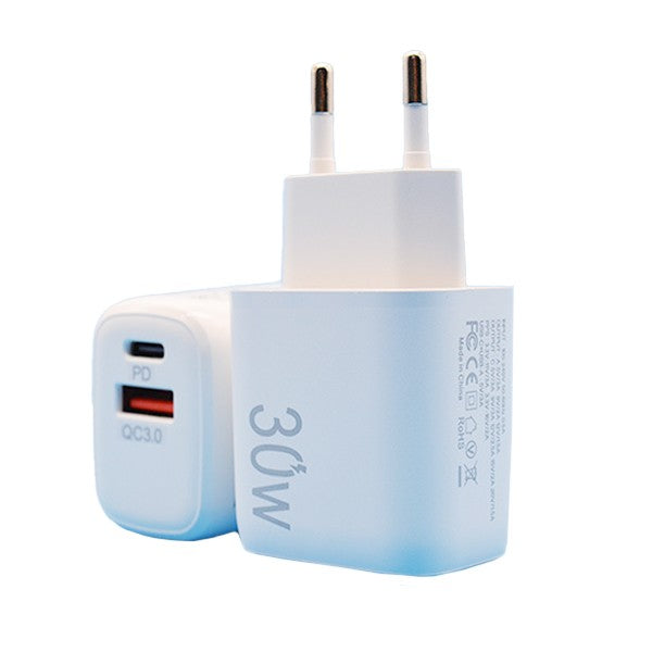 Incarcator Retea Fast Charging, Dual Port USB-C PD si USB-A Quick Charge 3.0, Putere 30W, Priza Standard European, Alb